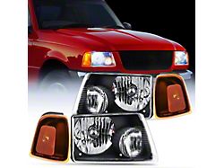 Headlights with Amber Reflector; Black Housing; Clear Lens (01-11 Ranger)