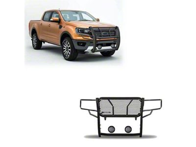 Rugged Heavy Duty Grille Guard with 5.30-Inch Black Round Flood LED Lights; Black (19-23 Ranger)