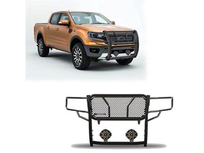 Rugged Heavy Duty Grille Guard with 7-Inch Black Round Flood LED Lights; Black (19-23 Ranger)