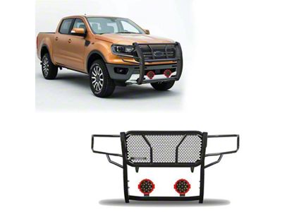 Rugged Heavy Duty Grille Guard with 7-Inch Red Round Flood LED Lights; Black (19-23 Ranger)