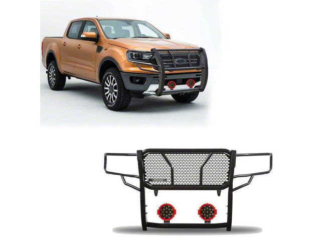 Rugged Heavy Duty Grille Guard with 7-Inch Red Round Flood LED Lights; Black (19-23 Ranger)