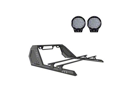 Vigor Roll Bar with Cross Bar and 9-Inch Black Round Flood LED Lights; Black (19-25 Ranger)