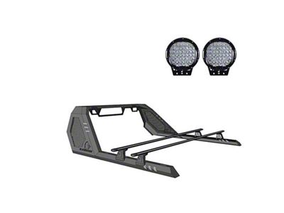 Vigor Roll Bar with Cross Bar and 9-Inch Black Round Flood LED Lights; Black (19-24 Ranger)