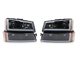 Raxiom LED Light Bar OE Style Projector Headlights with Bumper Lights; Black Housing; Clear Lens (03-06 Silverado 1500)
