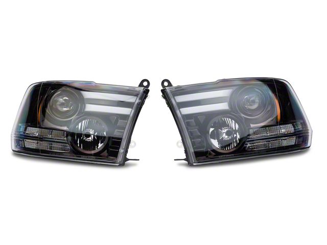 Smoked / Black Projector Headlights w/ LED DRL & Amber LED Turn Signals (13-18 RAM 1500 w/ Factory Projector Headlights)