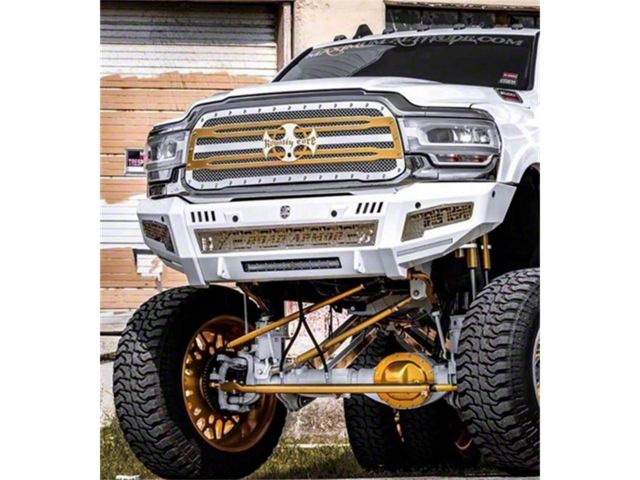 Road Armor iDentity iD Mesh Front Bumper with Shackles, Double Cube Light Pods; Raw Steel (19-24 RAM 2500)