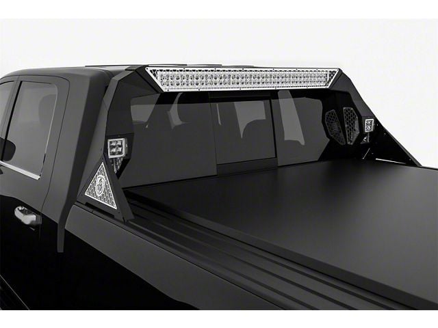 Road Armor iDentity Hyve Mesh Headache Rack with Bedrail Pods and Standard 40-Inch Center Light Pod; Raw Steel (10-18 RAM 2500 w/o RAM Box)
