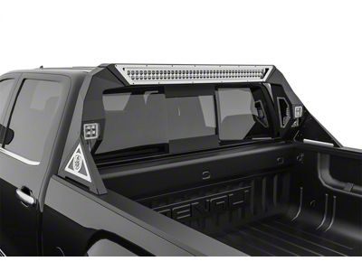 Road Armor iDentity Beauty Ring Mesh Headache Rack with Bedrail Pods and Standard 40-Inch Center Light Pod; Raw Steel (15-19 Silverado 2500 HD)