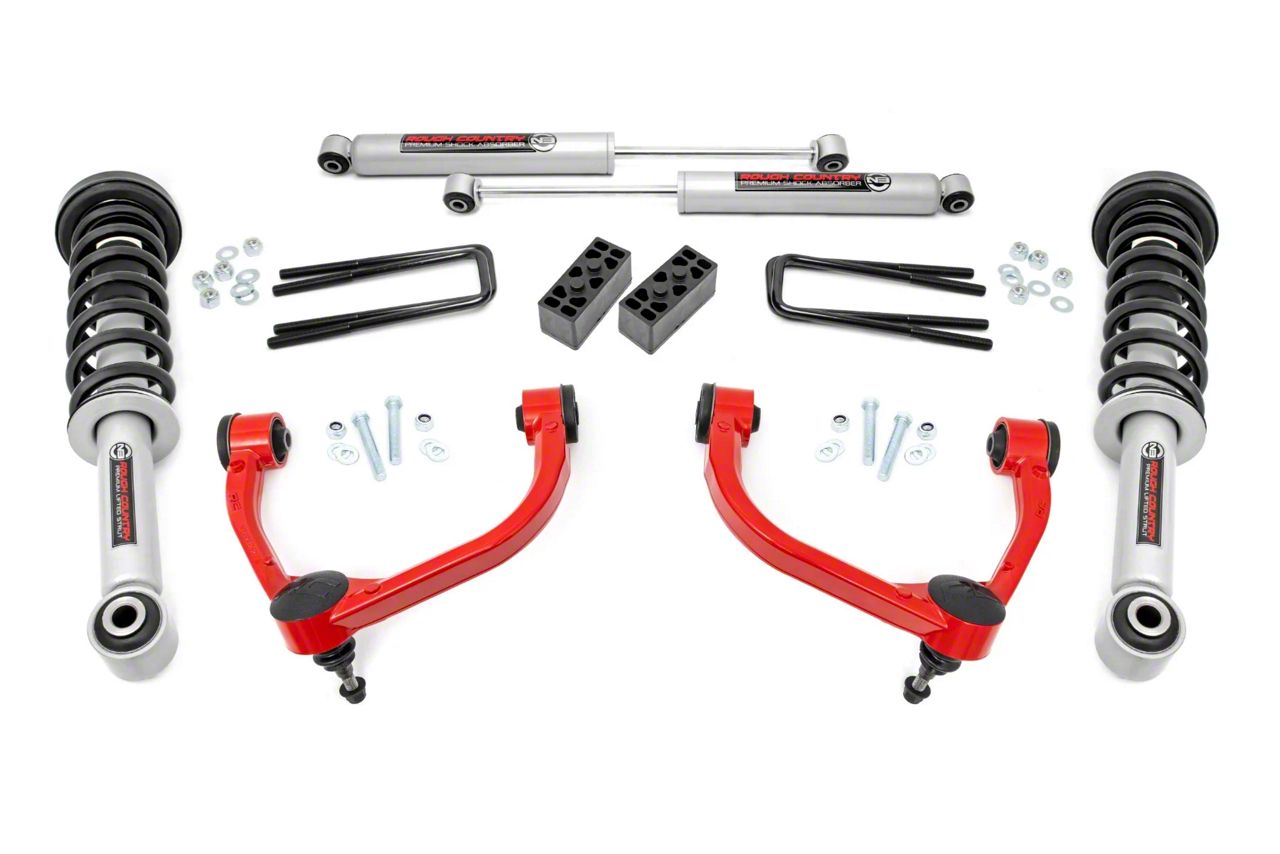 Rough Country 3-Inch Bolt-On Suspension Lift Kit with Premium N3 Shocks; Red (09-13 4WD F-150 SuperCab, SuperCrew, Excluding Raptor)