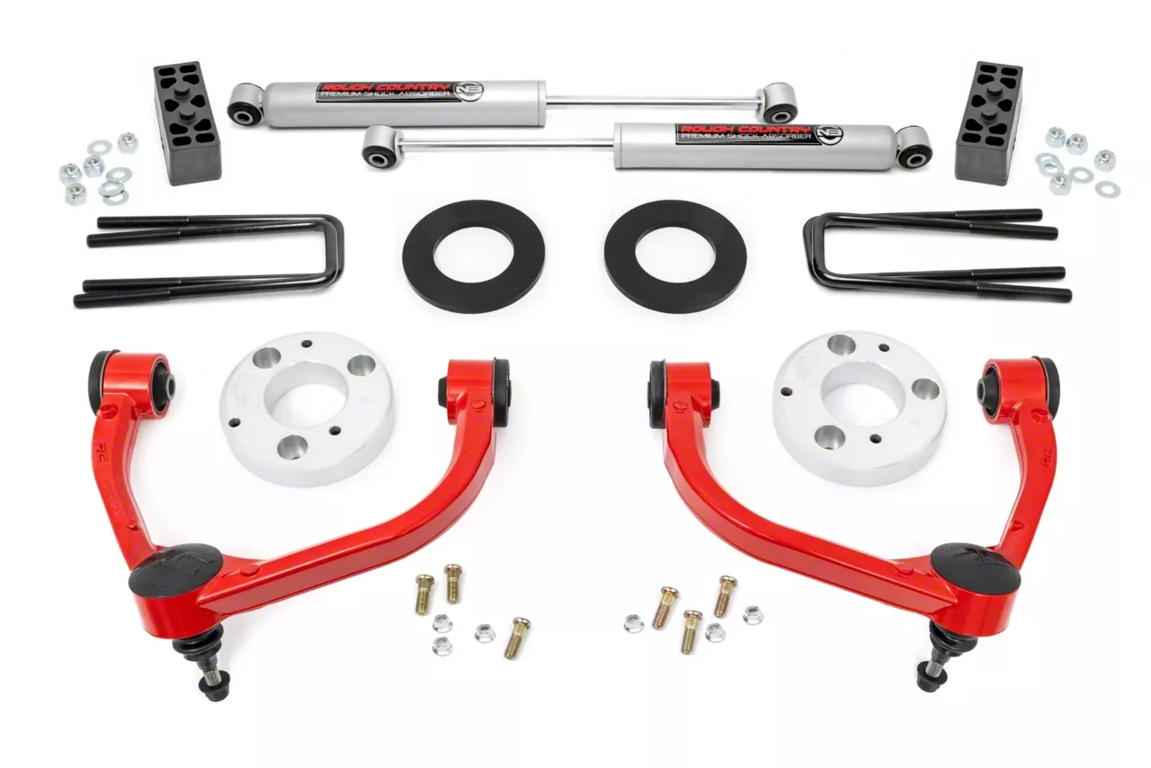 Rough Country 3-Inch Bolt-On Upper Control Arm Suspension Lift Kit with Premium N3 Shocks; Red (09-13 4WD F-150 SuperCab, SuperCrew, Excluding Raptor)