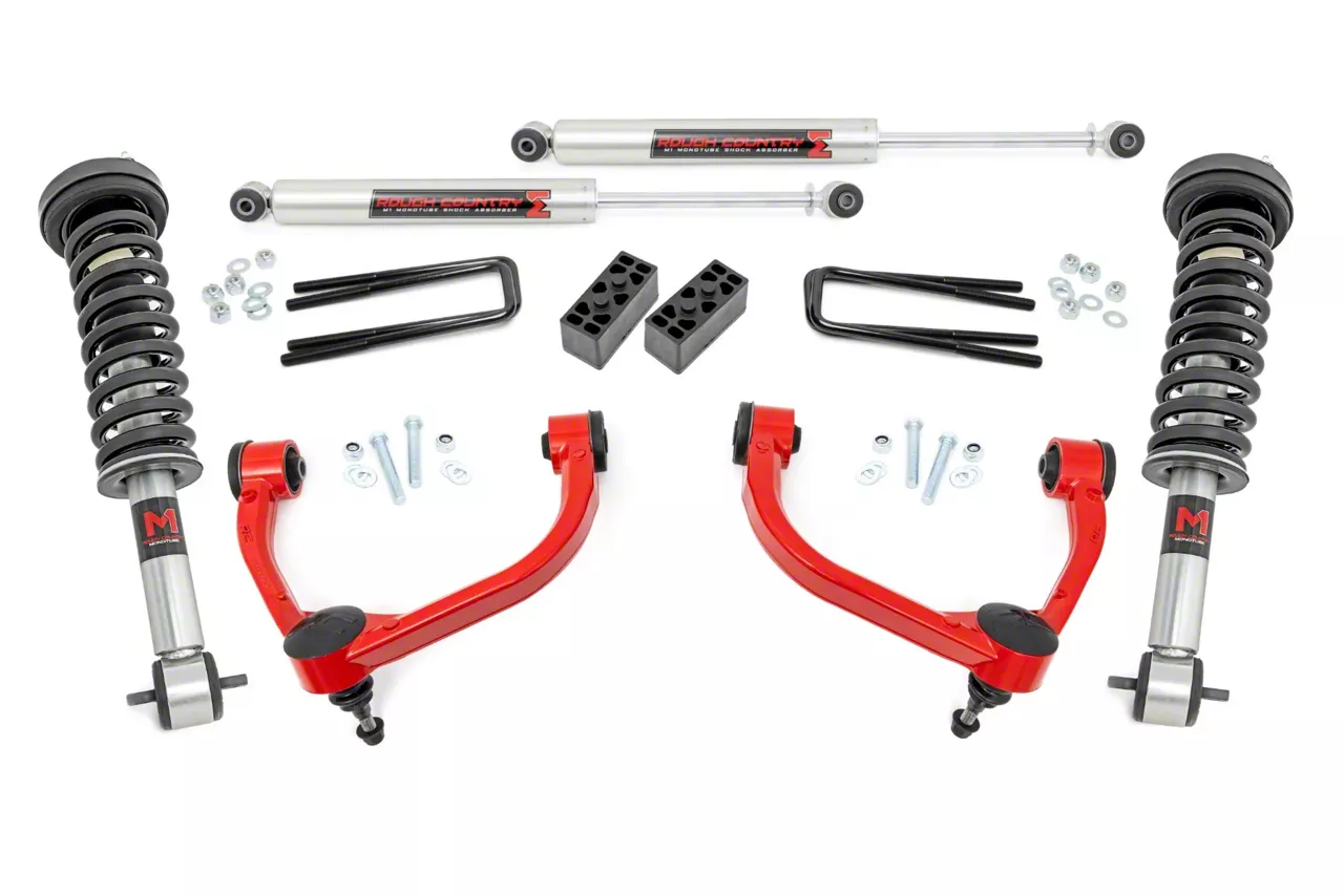 Rough Country 3-Inch Bolt-On Upper Control Arm Suspension Lift Kit with M1 Monotube Struts and Shocks; Red (14-20 4WD F-150 SuperCab, SuperCrew,…