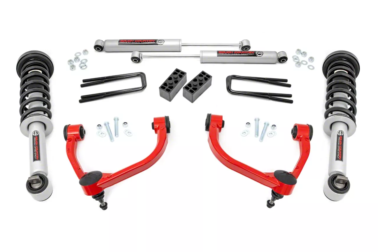 Rough Country 3-Inch Bolt-On Upper Control Arm Suspension Lift Kit with N3 Struts and Premium N3 Shocks; Red (14-20 4WD F-150 SuperCab, SuperCrew,…