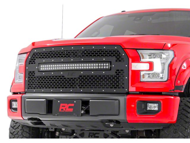Rough Country Mesh Upper Replacement Grille with Black Series Amber DRL LED Light Bar; Black (15-17 F-150, Excluding Raptor)