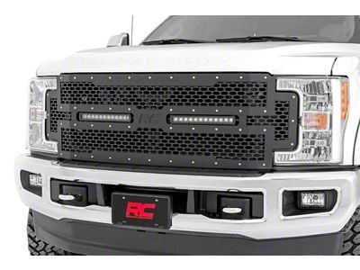 Rough Country Mesh Upper Grille Insert with 12-Inch Black Series LED Light Bars; Black (17-19 F-250 Super Duty)