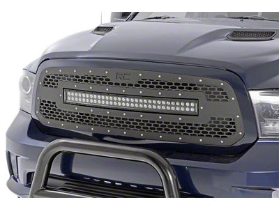 Rough Country Mesh Upper Replacement Grille with Black Series Amber DRL LED Light Bar; Black (13-18 RAM 1500, Excluding Limited & Rebel)