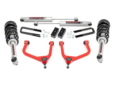 Rough Country 3.50-Inch Suspension Lift Kit with Upper Control Arms, Lifted Struts and Premium N3 Shocks; Red (19-25 Sierra 1500 Crew Cab w/ 5.80-Foot Short Box, Excluding AT4 & Denali)