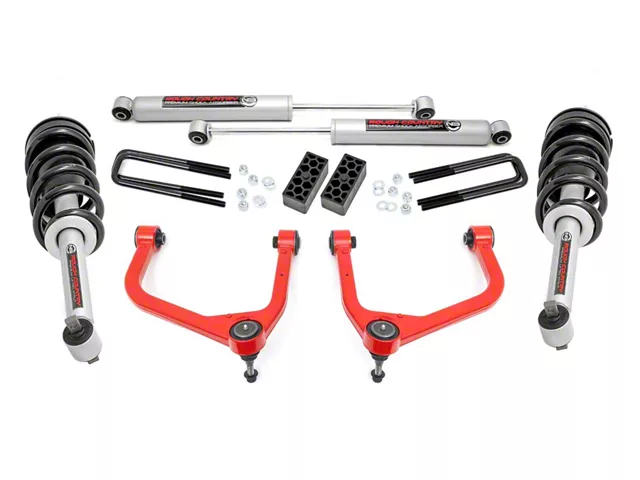 Rough Country 3.50-Inch Suspension Lift Kit with Upper Control Arms, Lifted Struts and Premium N3 Shocks; Red (19-24 Sierra 1500 Crew Cab w/ 5.80-Foot Short Box, Excluding AT4 & Denali)
