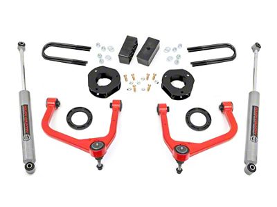 Rough Country 3.50-Inch Suspension Lift Kit with Strut Spacers and N3 Rear Shocks; Red (19-24 Sierra 1500 w/ OEM Mono-Leaf Springs & w/o Adaptive Ride Control, Excluding AT4)