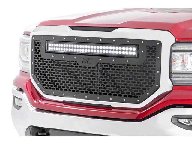 Rough Country Mesh Upper Replacement Grille with Black Series Amber DRL LED Light Bar; Black (16-18 Sierra 1500)