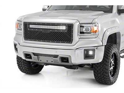 Rough Country Mesh Upper Replacement Grille with Black Series Amber DRL LED Light Bar; Black (14-15 Sierra 1500)