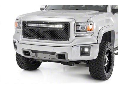 Rough Country Mesh Upper Replacement Grille with Black Series Cool White DRL LED Light Bar; Black (14-15 Sierra 1500)