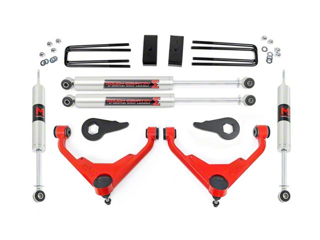 Rough Country 3-Inch Bolt-On Upper Control Arm Suspension Lift Kit with M1 Monotube Shocks for FT RPO Codes; Red (07-10 Sierra 2500 HD)