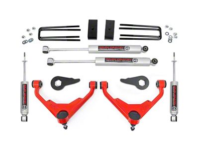 Rough Country 3-Inch Bolt-On Upper Control Arm Suspension Lift Kit with Premium N3 Shocks for FK or FF RPO Codes; Red (07-10 Sierra 2500 HD)