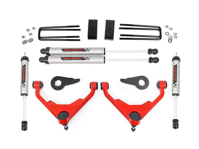 Rough Country 3-Inch Bolt-On Upper Control Arm Suspension Lift Kit with V2 Monotube Shocks for FK or FF RPO Codes; Red (07-10 Sierra 2500 HD)