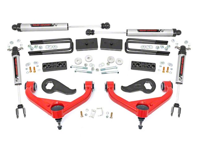 Rough Country 3-Inch Bolt-On Suspension Lift Kit with V2 Monotube Shocks; Red (20-24 Sierra 3500 HD SRW)