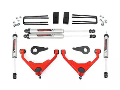 Rough Country 3-Inch Bolt-On Upper Control Arm Suspension Lift Kit with V2 Monotube Shocks for FT RPO Codes; Red (07-10 Sierra 3500 HD SRW)
