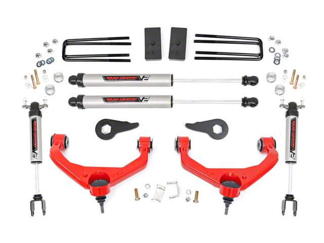 Rough Country 3.50-Inch Bolt-On Suspension Lift Kit with V2 Monotube Shocks; Red (11-19 Sierra 3500 HD SRW w/o Factory Overload Springs & MagneRide)