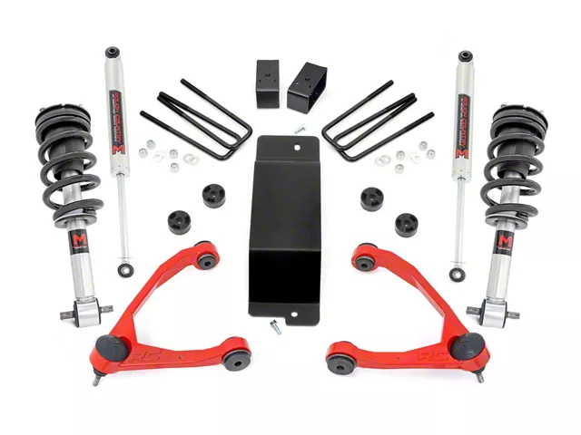 Rough Country 3.50-Inch Suspension Lift Kit with Upper Control Arms and M1 Monotube Shocks; Red (07-13 4WD Silverado 1500)