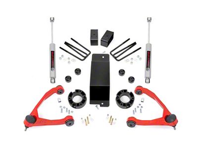 Rough Country 3.50-Inch Suspension Lift Kit with Upper Control Arms and Premium N3 Shocks; Red (07-16 4WD Silverado 1500 w/ Stock Cast Aluminum or Cast Steel Control Arms)