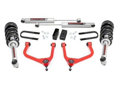 Rough Country 3.50-Inch Forged Upper Control Arm Suspension Lift Kit with N3 Struts and Premium N3 Rear Shocks; Red (19-24 4.3L, 5.3L, 6.2L Silverado 1500 w/ Rear Composite Mono-Leaf Springs, Excluding Trail Boss & ZR2)