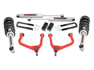 Rough Country 3.50-Inch Forged Upper Control Arm Suspension Lift Kit with N3 Struts and Premium N3 Shocks; Red (19-24 4.3L, 5.3L, 6.2L Silverado 1500 w/ Rear Multi-Leaf Pack Springs, Excluding Trail Boss & ZR2)