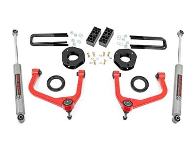 Rough Country 3.50-Inch Forged Upper Control Arm Suspension Lift Kit with Strut Spacers and Premium N3 Shocks; Red (19-25 4.3L, 5.3L, 6.2L Silverado 1500 w/ Rear Multi-Leaf Pack Springs, Excluding Trail Boss & ZR2)