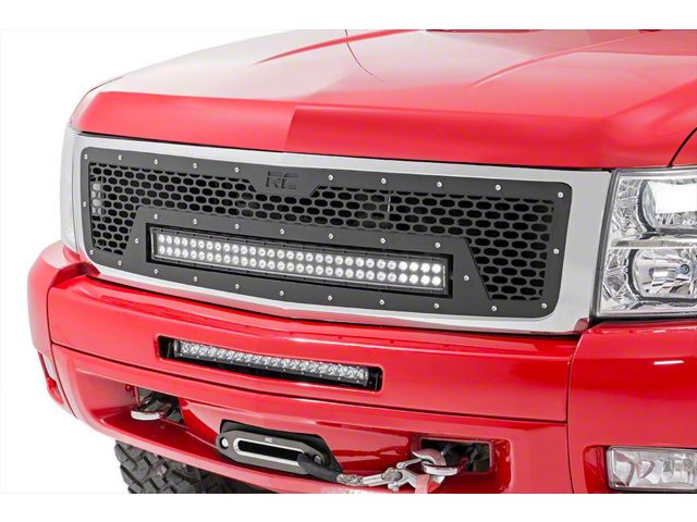 Rough Country Mesh Upper Replacement Grille with Black Series Amber DRL LED Light Bar; Black (07-13 Silverado 1500)