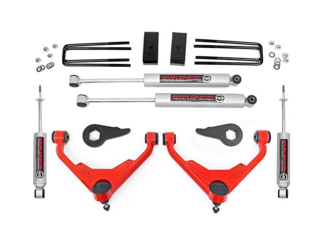 Rough Country 3-Inch Bolt-On Upper Control Arm Suspension Lift Kit with Premium N3 Shocks for FK or FF RPO Codes; Red (07-10 Silverado 2500 HD)