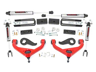 Rough Country 3-Inch Bolt-On Suspension Lift Kit with V2 Monotube Shocks; Red (20-24 Silverado 3500 HD SRW)