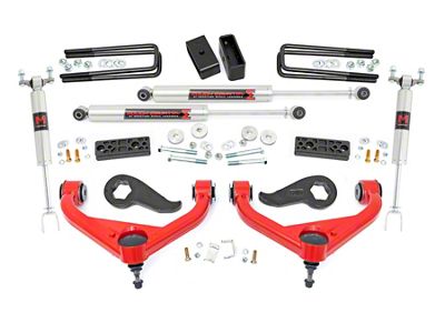 Rough Country 3-Inch Upper Control Arm Suspension Lift Kit with M1 Monotube Shocks; Red (20-25 Silverado 3500 HD DRW w/ Rear Overload Springs)