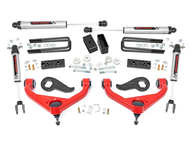 Rough Country 3-Inch Upper Control Arm Suspension Lift Kit with V2 Monotube Shocks; Red (20-24 Silverado 3500 HD DRW w/ Rear Overload Springs)