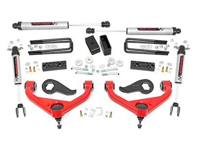 Rough Country 3-Inch Upper Control Arm Suspension Lift Kit with V2 Monotube Shocks; Red (20-24 Silverado 3500 HD DRW w/ Rear Overload Springs)