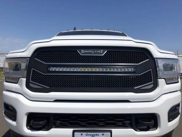 Royalty Core RC4X Layered Upper Replacement Grille with 30-Inch Curved LED Light Bar; Satin Black (19-24 RAM 3500 w/ Forward Facing Camera)