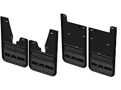 No-Drill Mud Flaps with Gunmetal RAM Text Logo; Front and Rear (19-26 RAM 3500 SRW w/ OE Fender Flares)