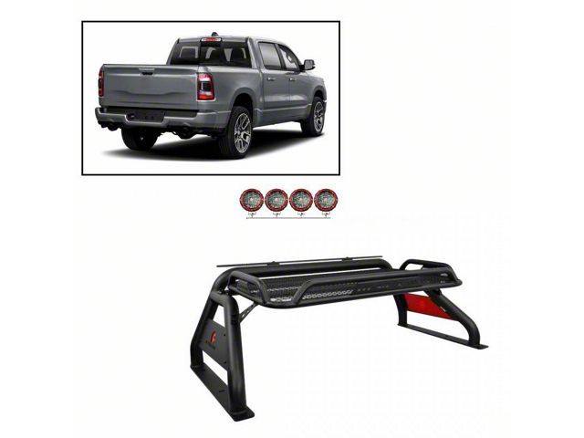 Atlas Roll Bar with 5.30-Inch Red Round Flood LED Lights; Black (01-24 Sierra 1500)