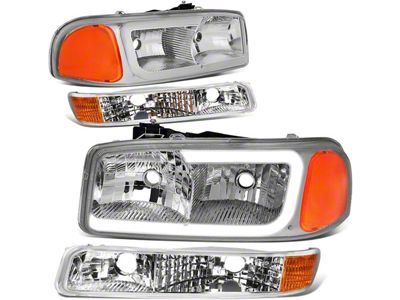 C-BAR LED DRL Headlights with Amber Corners; Chrome Housing; Clear Lens (99-06 Sierra 1500)