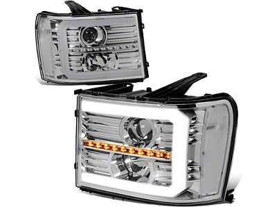 C-Bar LED DRL Sequential Projector Headlights with Clear Corners; Chrome Housing; Clear Lens (07-13 Sierra 1500)