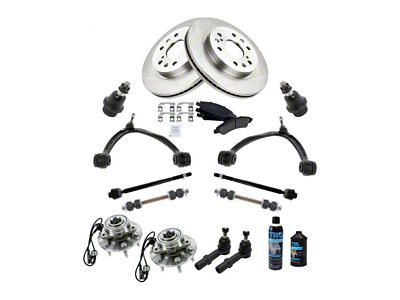 Ceramic 6-Lug Brake Rotor, Pad, Front Upper Control Arm, Hub Assembly, Sway Bar Link and Tie Rod Kit; Front (07-13 4WD Sierra 1500)