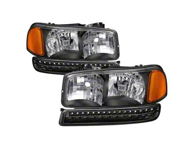 Crystal Headlights and LED Bumper Lights; Black Housing; Clear Lens (99-06 Sierra 1500, Excluding Denali)