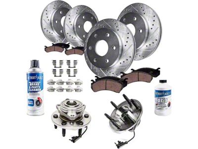 Drilled and Slotted 6-Lug Brake Rotor, Pad, Hub Assembly, Brake Fluid and Cleaner Kit; Front and Rear (07-13 4WD Sierra 1500 w/ Rear Disc Brakes)